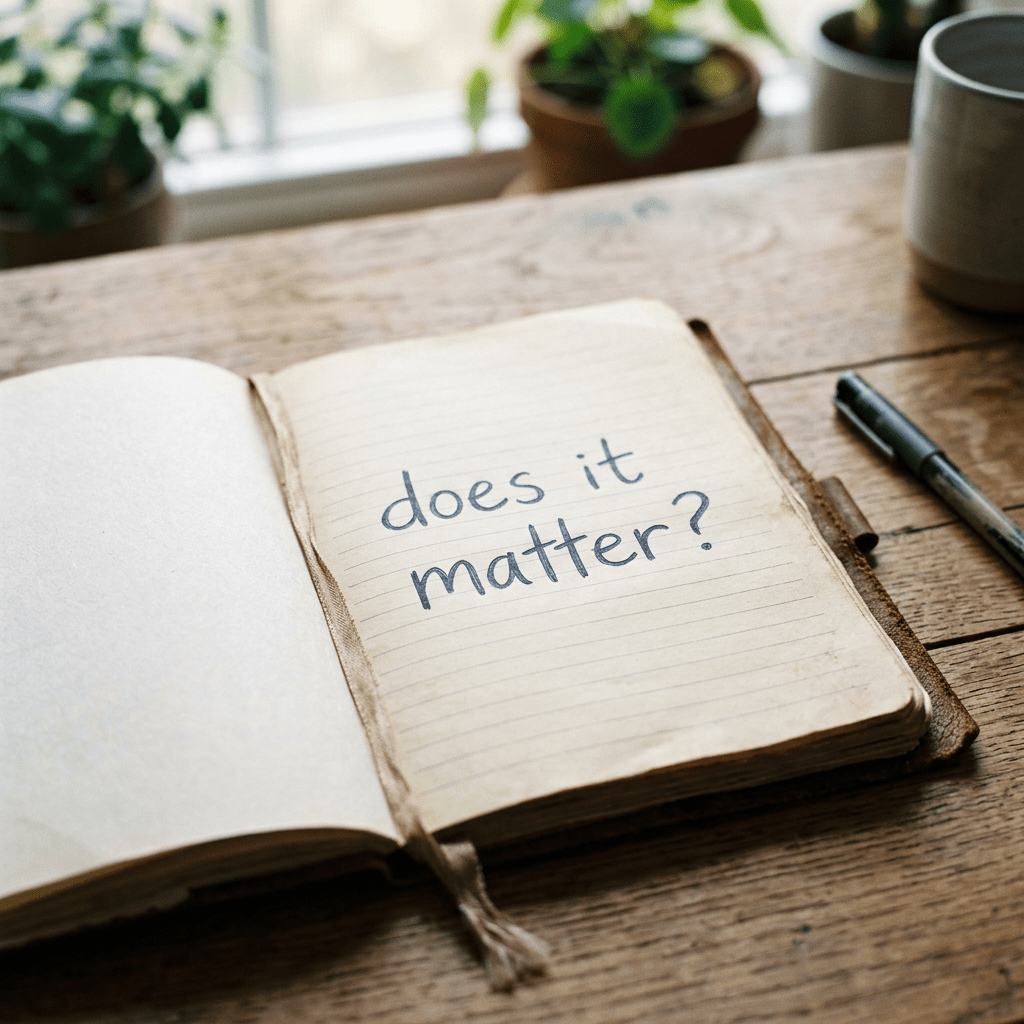 Journal notebook with the handwritten words 'does it matter?' on a wooden table with a pen nearby